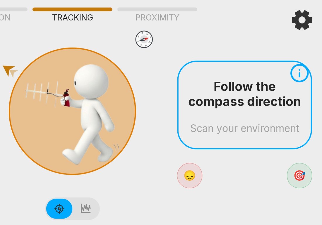 Écran Poursuite de l'app SDR Pro Track : suivre la direction indiquée