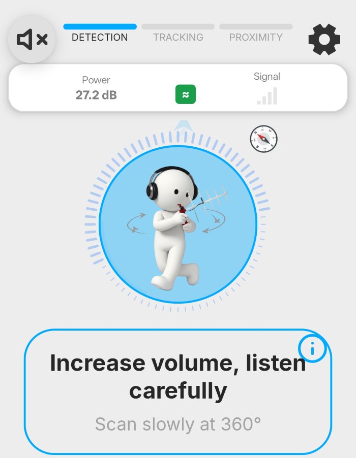 Écran Détection de l'app SDR Pro Track : tourner lentement sur soi pour capter le signal
